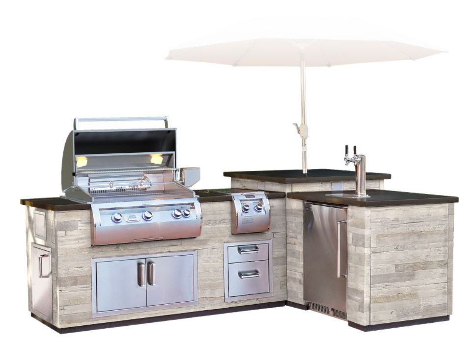 FireMagic IL660 Silver Pine L- Shaped Reclaimed Wood Island with Refrigerator Cut-Out - IL660-SPR-116BA