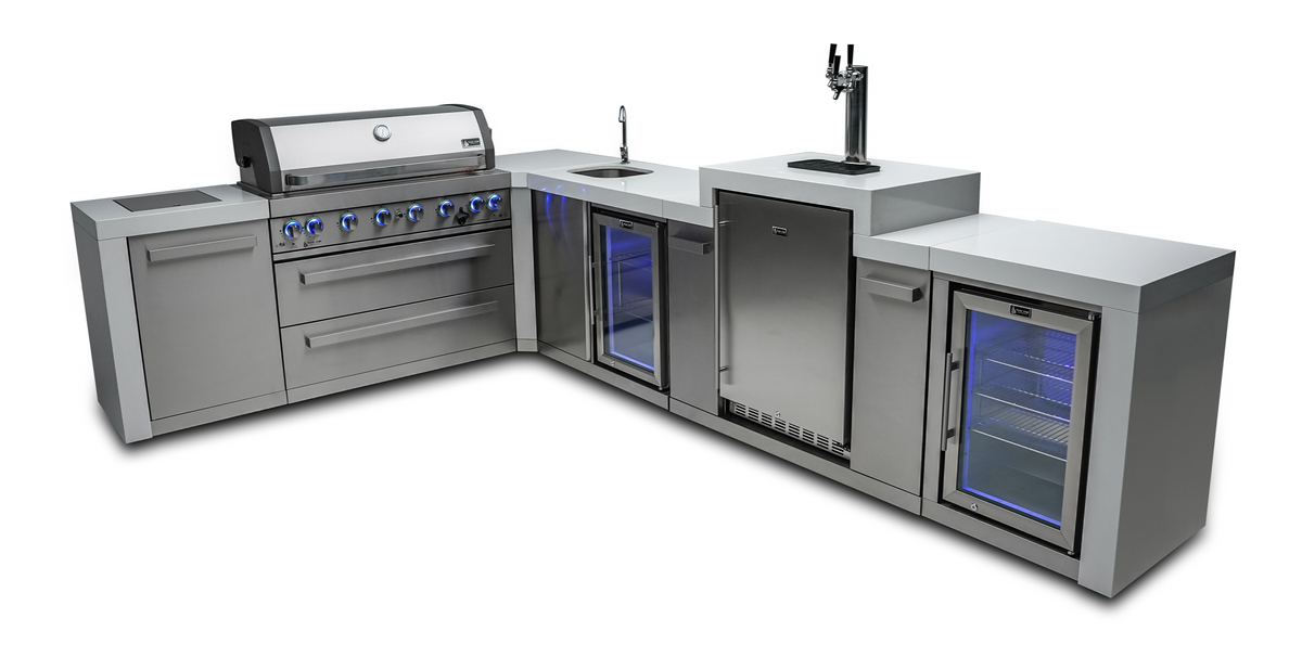 Mont Alpi 805 Deluxe 6-Burner Island with 90-Degree Corner, Kegerator, Beverage Center, and Fridge Cabinet - MAi805-D90KEGBEVFC