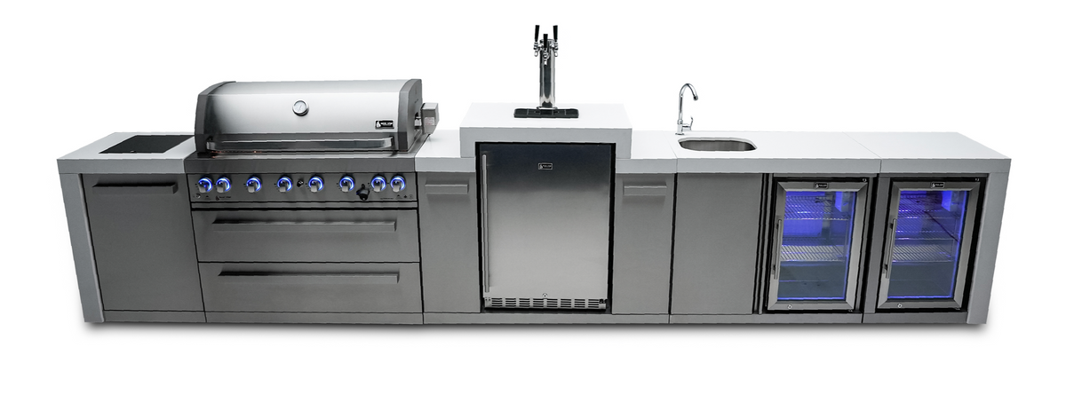 Mont Alpi 805 Deluxe 6-Burner Island with Beverage Center, Kegerator, and Fridge Cabinet - MAi805-DKEGBEVFC