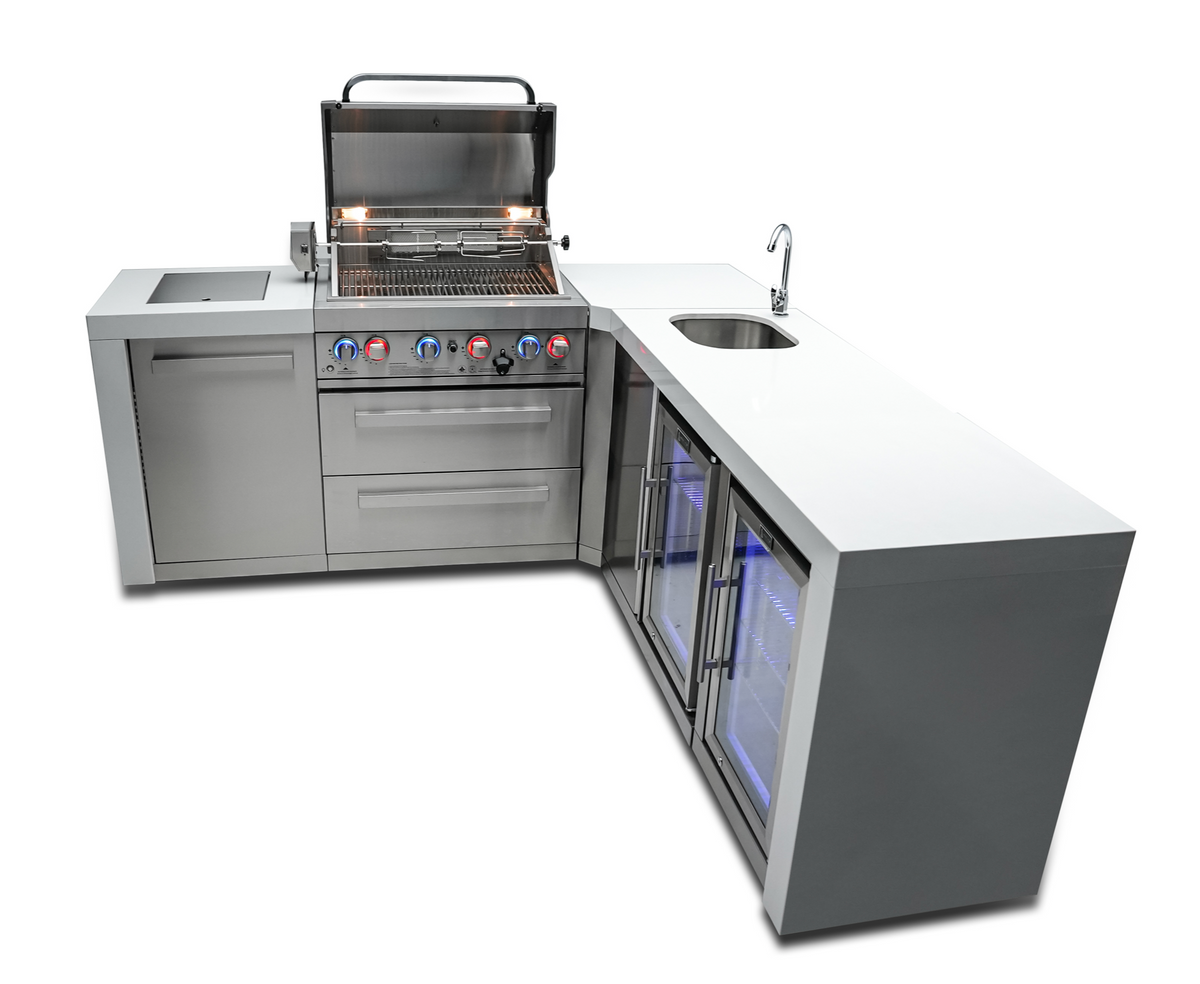 Mont Alpi 400 Deluxe 4-Burner Island with 90-Degree Corner, Beverage Center, and Fridge Cabinet - MAi400-D90BEVFC