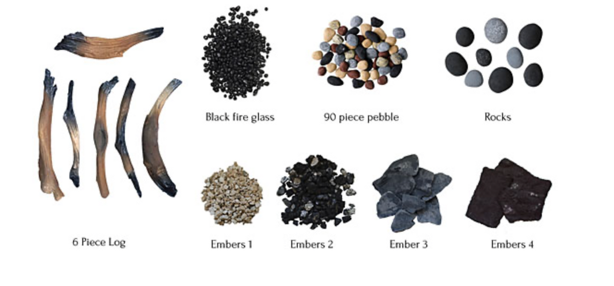 Sierra Flame 6 Piece Log Set with Deluxe Media - logs, stones, pebbles, blk fire glass, embers - DESIGN-MEDIA-6PCE