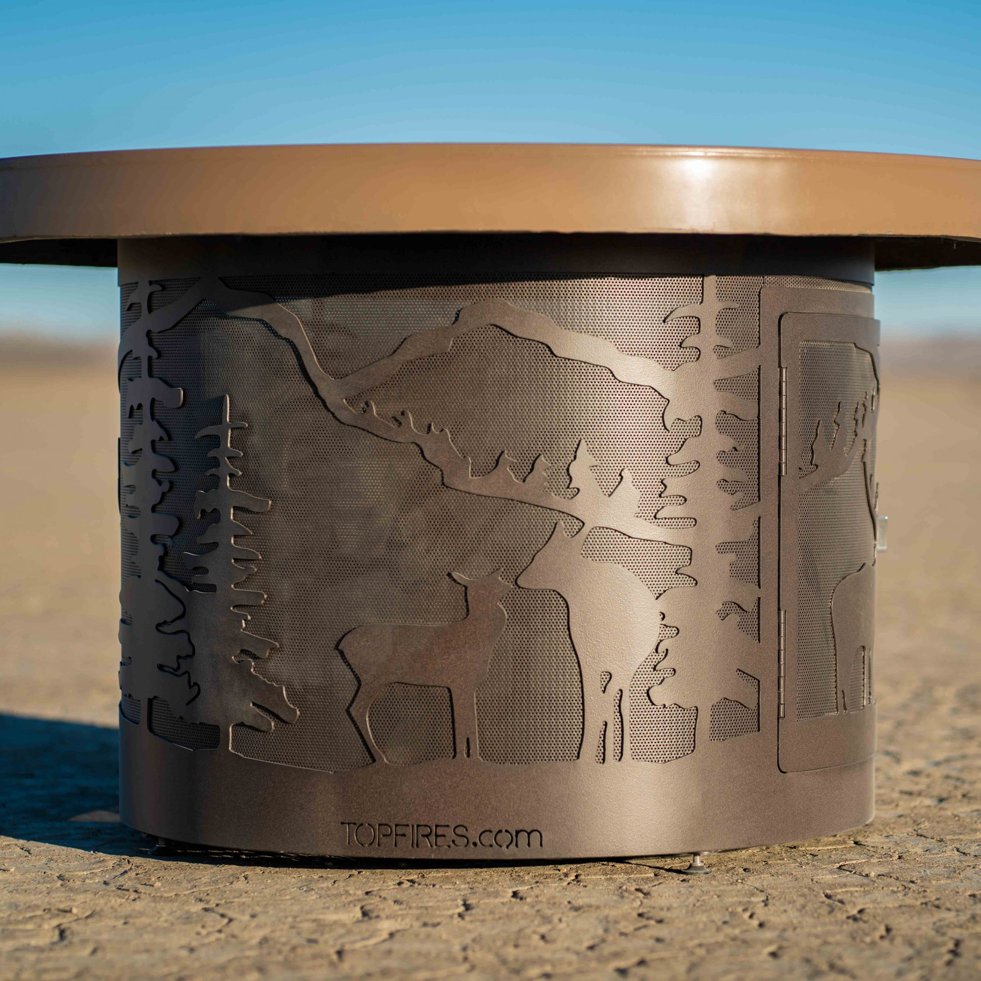 The Outdoor Plus Outback 46" Round Fire Table, Deer Country Design with GFRC Top and Powder Coated Base, Match Lit Ignition - OPT-OBRDC46