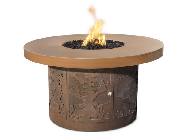 The Outdoor Plus Outback 46" Round Fire Table, Cattle Ranch Design with GFRC Top and Powder Coated Base, Spark Ignition with Flame Sense - OPT-OBRCR46FSEN