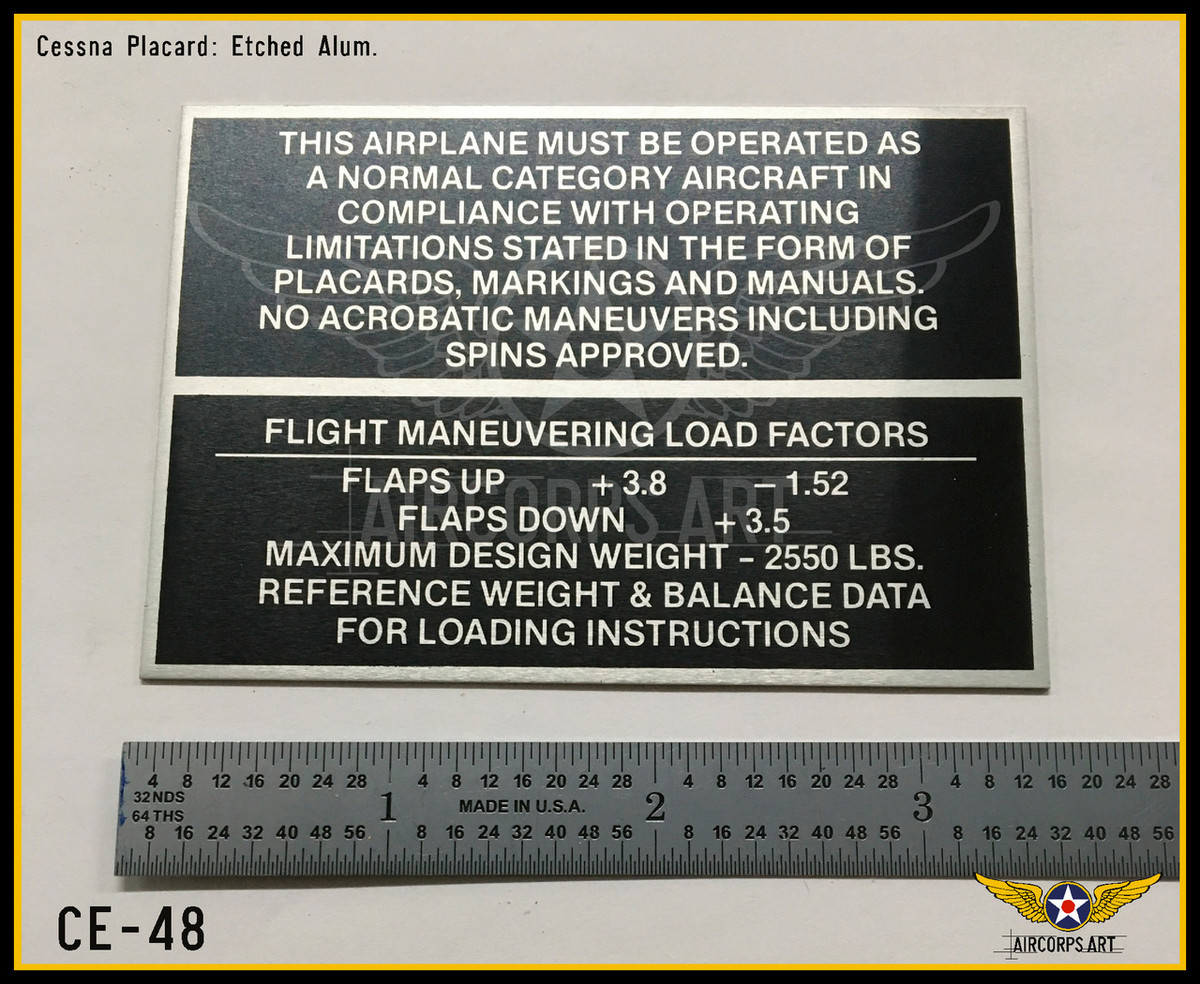 Cessna Operating Limitations Placard CE48 AirCorps Depot