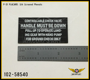 P/N - 102-58540 - PLATE - HYDRAULIC CONTROLLABLE CHECK VALVE INSTRUCTION