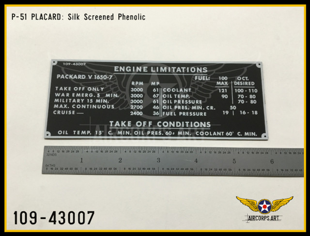 P/N - 109-43007 - PLATE - ENGINE LIMITATIONS NAME