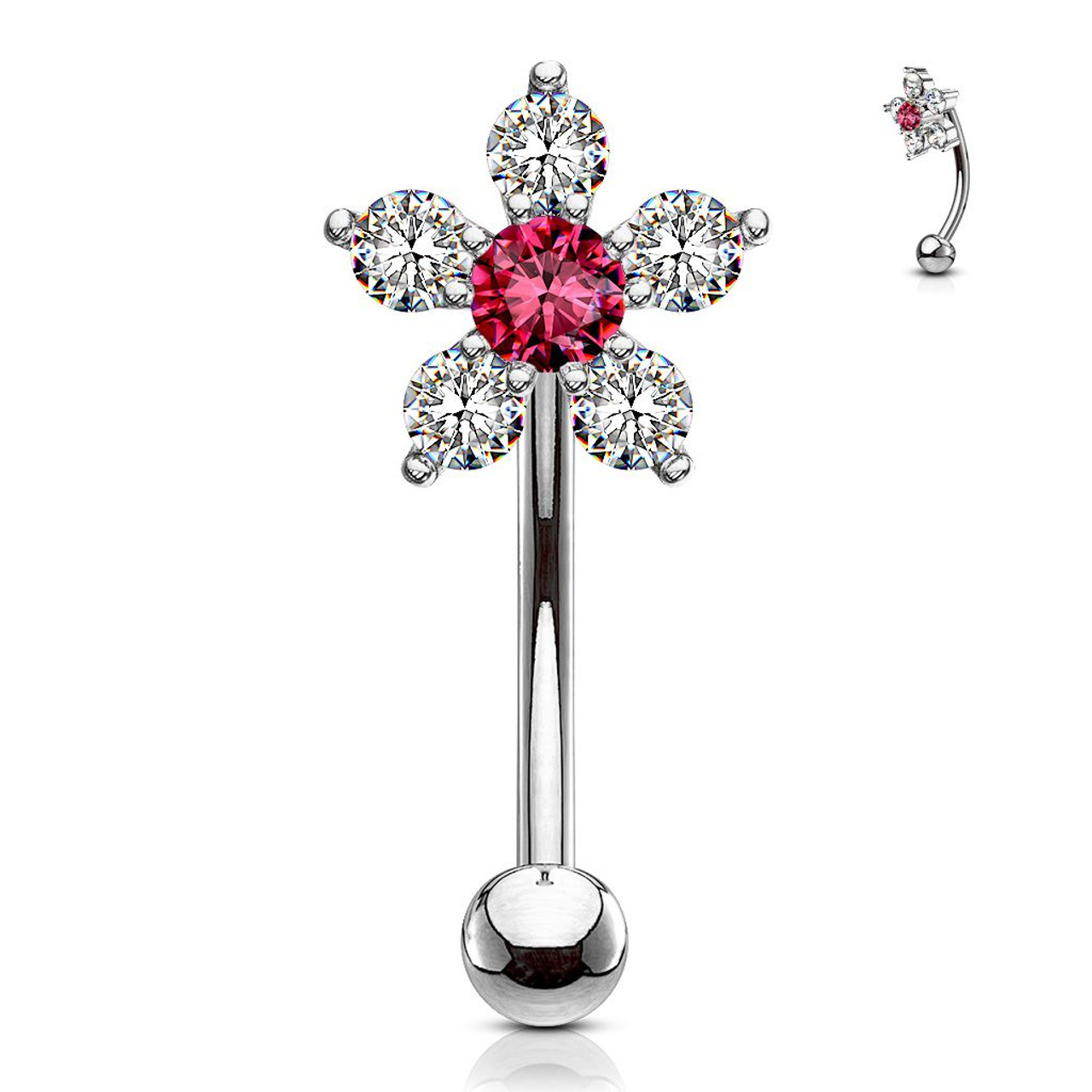 Double Tiered 6 CZ Flower 316L Surgical Steel Eyebrow Ring