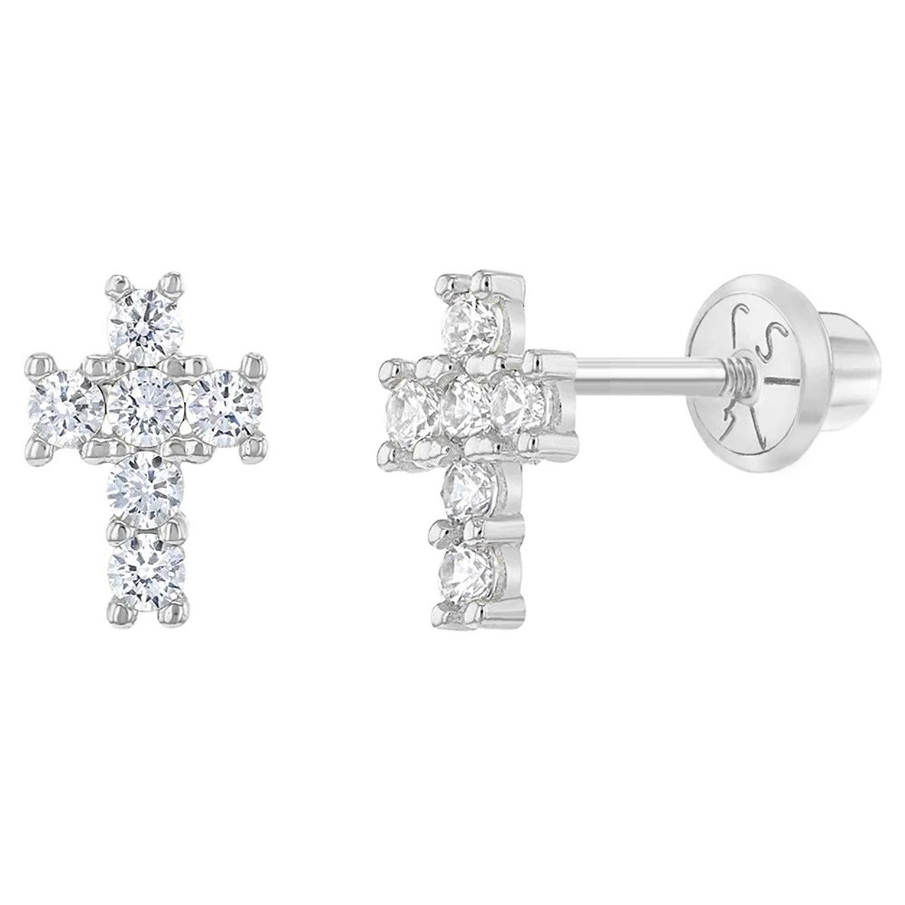 14k White Gold Tiny Cubic Zirconia Religious Cross Screw Back