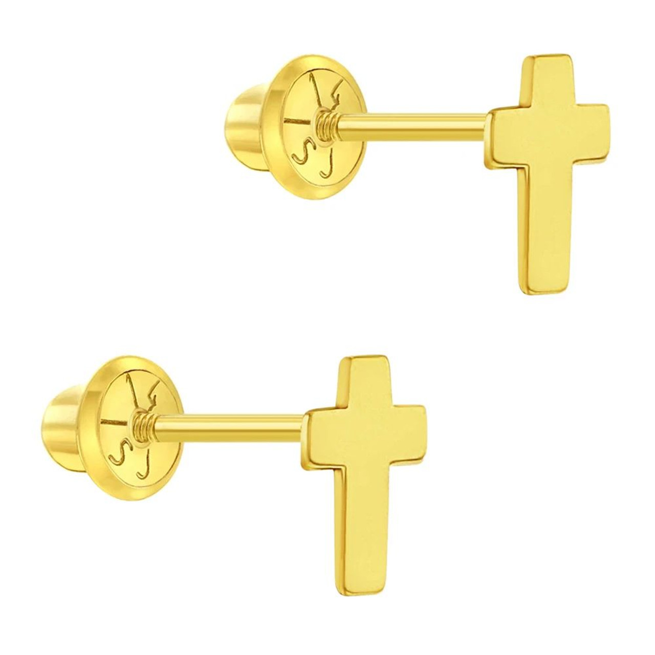 Open Heart Crystal Cross Baby Earrings in 14k Yellow Gold with Safety Backs