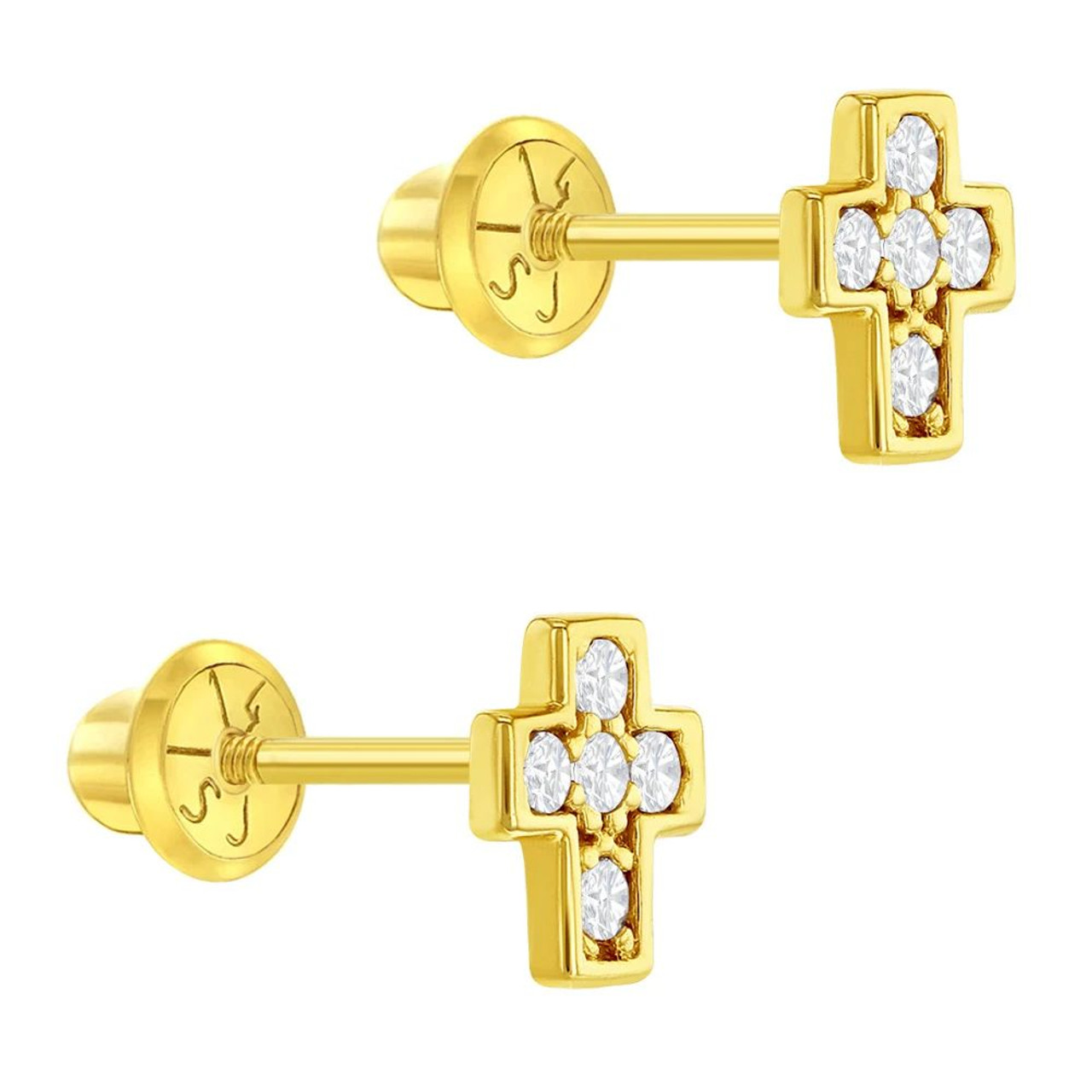 Flower Crystal Cross Baby Earrings in 14k Yellow Gold with Safety Backs