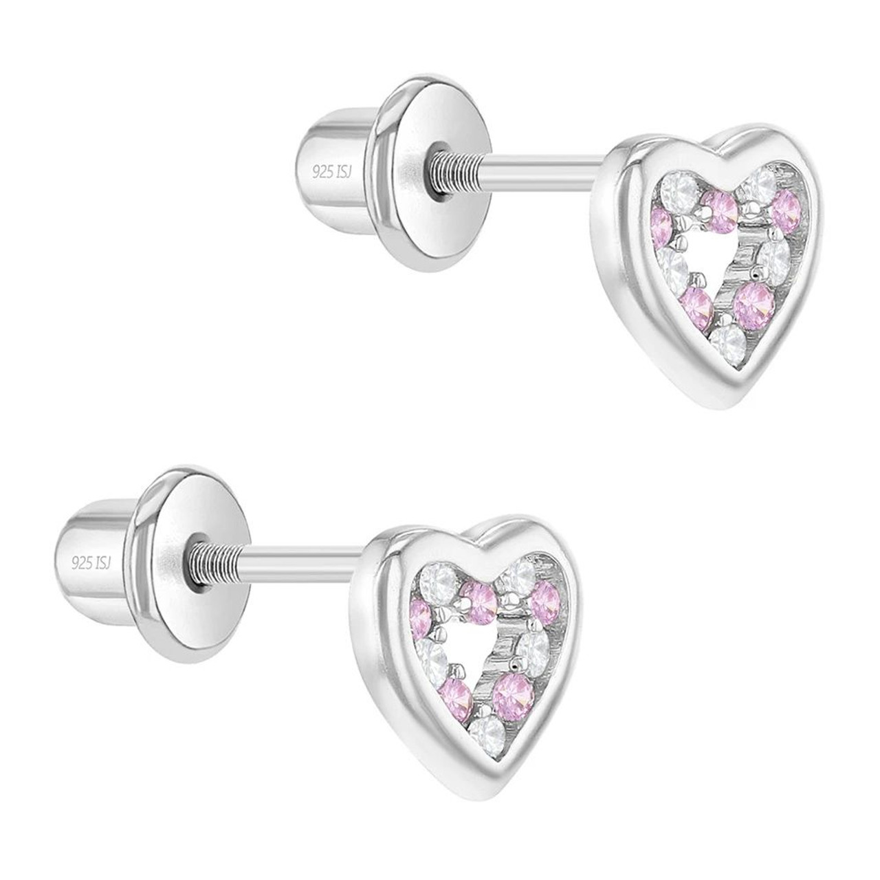 Girls' CZ Cluster Flower Screw Back Sterling Silver Earrings - Clear & Fuchsia - in Season Jewelry