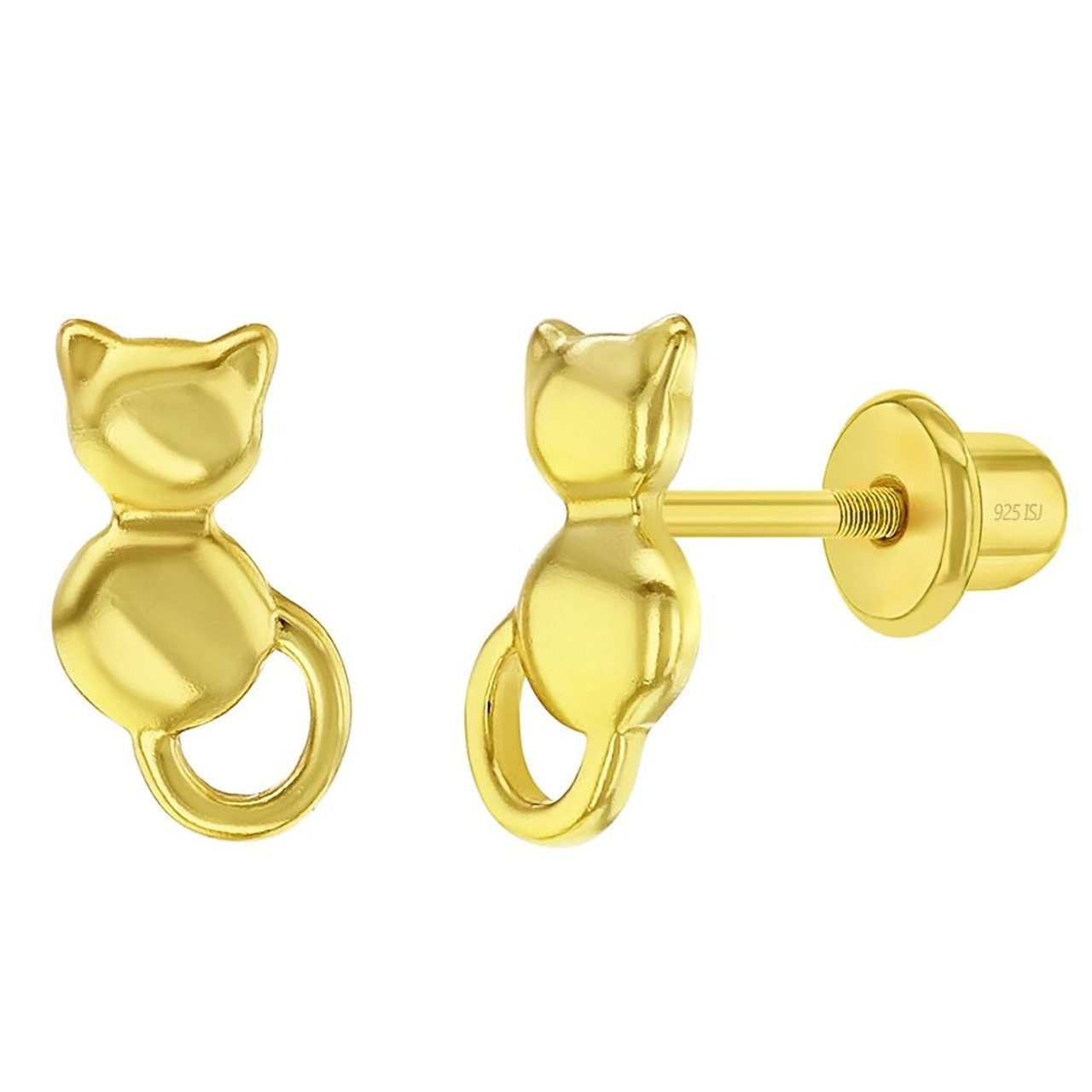 925 Sterling Silver Kitty Cat Screw Back Earrings for Young Girls