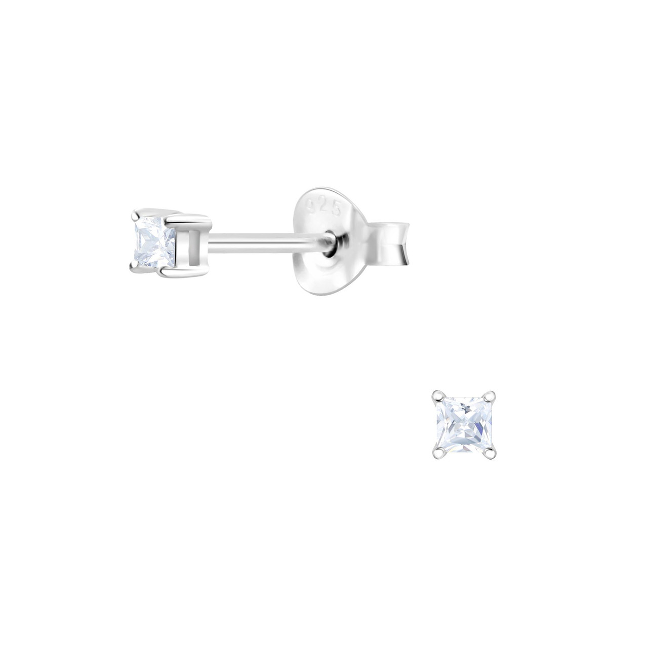 2mm Square Cubic Zirconia Silver Stud Earrings - Body Pierce Jewelry