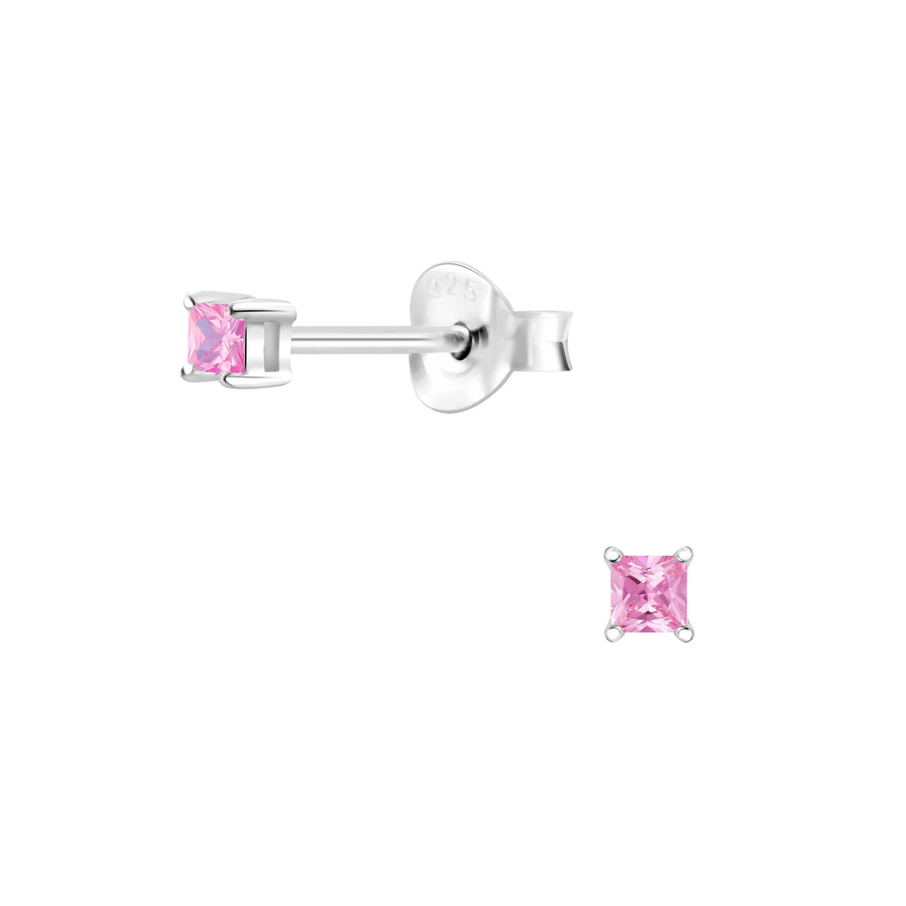 2mm Square Cubic Zirconia Silver Stud Earrings