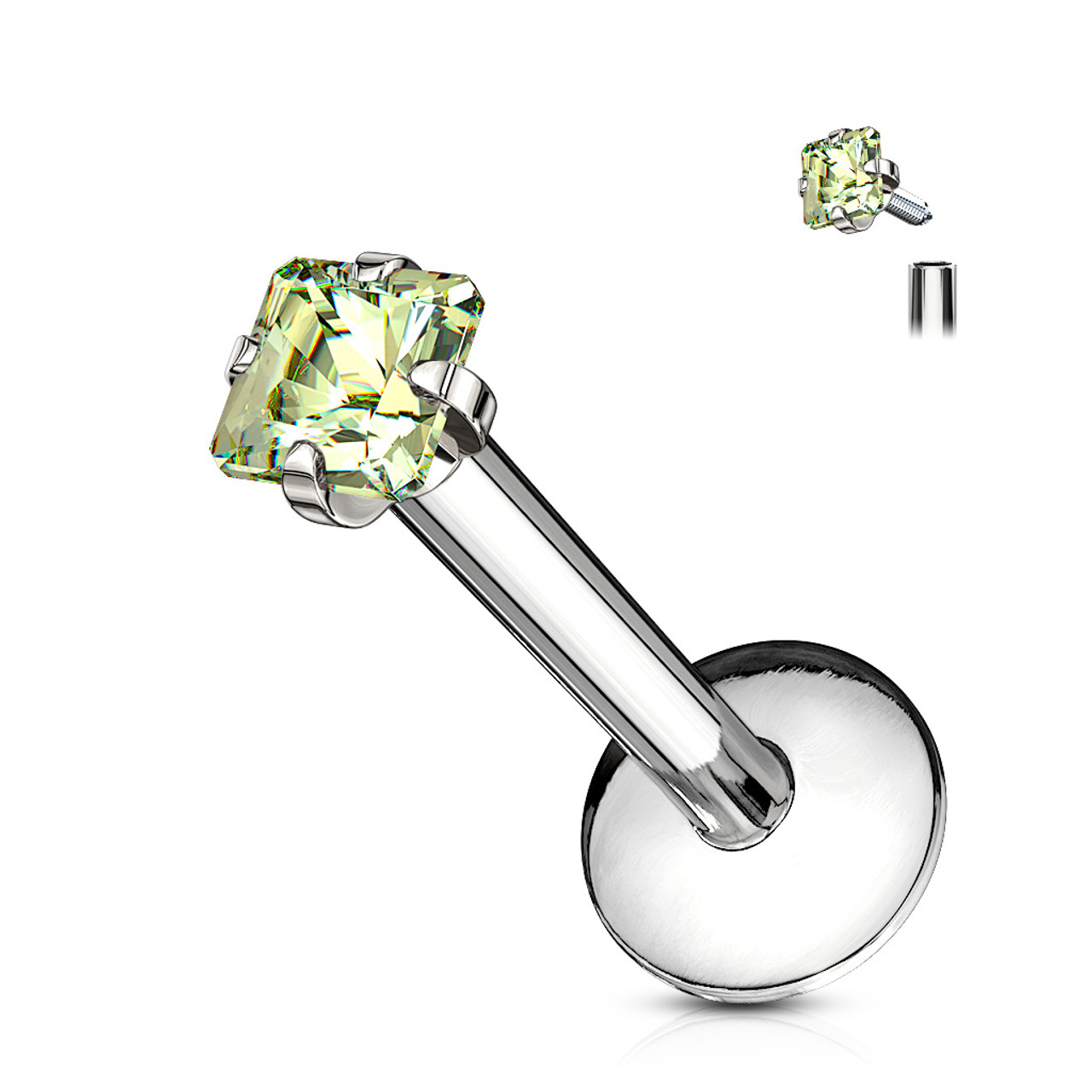 Square CZ Prong Set Labret 316L Surgical Steel Internally Threaded