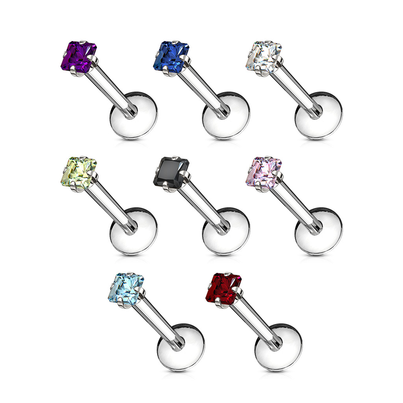 Square CZ Prong Set Labret 316L Surgical Steel Internally Threaded