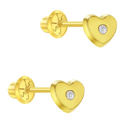 14k Yellow Gold Girls Classic 5mm Cubic Zirconia Heart Stud Screw Back Stud Earrings