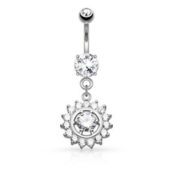 Claw Set CZ Around CZ Center Dangle 316L Surgical Steel Belly Button Navel Ring