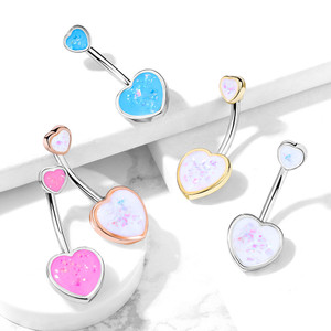 Double Opal Glitter Filled Heart 316L Surgical Steel Belly Button Navel Rings