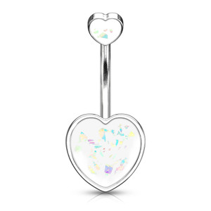 Double Opal Glitter Filled Heart 316L Surgical Steel Belly Button Navel Rings