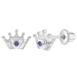 925 Sterling Silver Princess Crown CZ Screw Back Stud Earrings for Toddlers & Young Girls