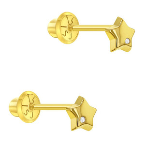 14k Yellow Gold Small Polish Star Diamond Accent Baby Infant Screw Back Stud Earrings