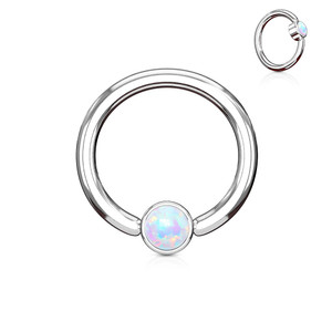 Opal Set Round Flat Cylinder Captive Hoop Ring 316L Surgical Steel