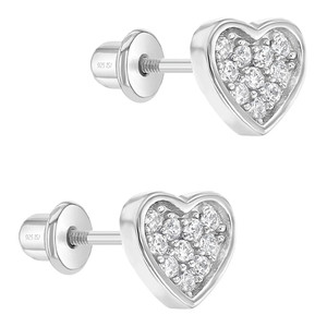 925 Sterling Silver Pave CZ Heart Screw Back Stud Earrings Babies Infants Girls