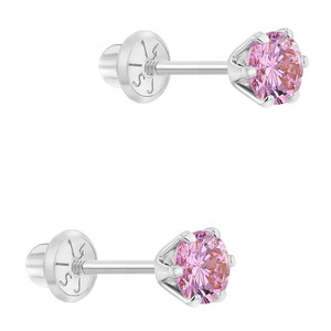 14k White Gold Small Baby Girls Round Cubic Zirconia Prong Setting Screw Back Stud Earrings for Toddlers