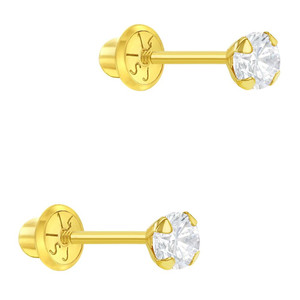 14k Yellow Gold 3mm CZ Prong Set Solitaire Screw Back Stud Earrings Toddlers Girls
