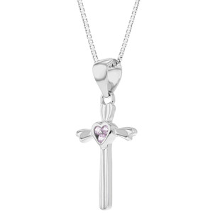 925 Sterling Silver Heart Pink CZ Cross Pendant Necklace Girls Children's 16"