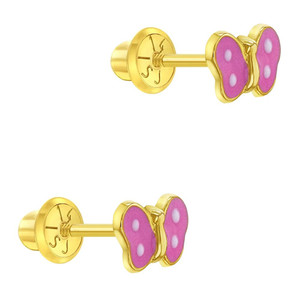 14K Yellow Gold Young Girl's Pink & White Enamel Butterfly Screw Back Stud Earrings