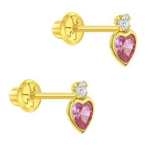 14k Yellow Gold Clear & Pink Cubic Zirconia Heart Screw Back Earrings for Girls- Round & Heart CZ Stud