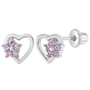 925 Sterling Silver Heart & Flower Pink CZ Screw Back Stud Earrings Children Girls