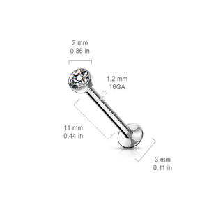 Push In Press Fit Jeweled Ball Top 316L Surgical Steel Threadless Labret, Monroe, Flat Back Stud