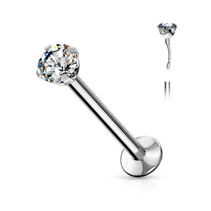 Push In Prong Set CZ Top 316L Surgical Steel Threadless Labret, Monroe, Flat Back Stud