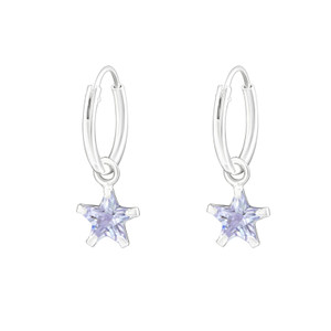 Silver Ear Hoops with Hanging Star and Cubic Zirconia