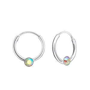 Silver - Round Ear Hoops with Crystal