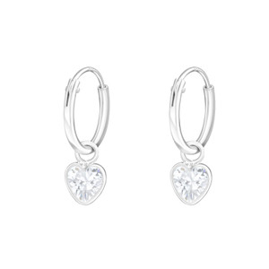 Silver Ear Hoops with Hanging Heart and Cubic Zirconia