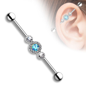 Three CZ Centered Multi Paved Circle 316L Surgical Steel Industrial Barbell