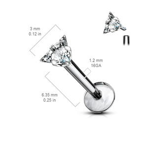 Prong Set Triangle Clear Gem Top Grade 23 Solid Titanium Internally Threaded Labret & Monroe