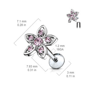 CZ Set Flower Top 316L Surgical Steel Internally Threaded Labret, Monroe & Ear Cartilage Studs