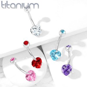 G23 Prong Set Heart CZ Double Jeweled Implant Grade Titanium Belly Button Navel Ring