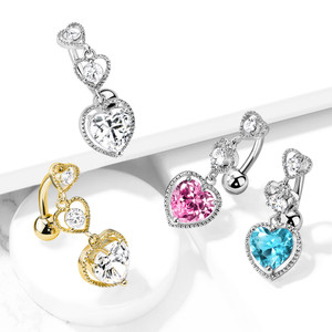 Triple Heart Vertical Drop with Large Heart CZ Bottom Heart Top Drop 316L Surgical Steel Belly Button Ring