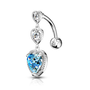 Triple Heart Vertical Drop with Large Heart CZ Bottom Heart Top Drop 316L Surgical Steel Belly Button Ring