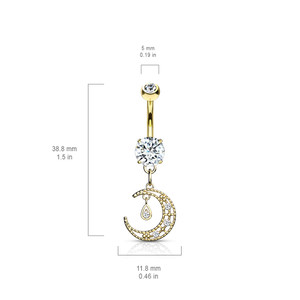 CZ Paved Crescent Dangle Round CZ Set 316L Surgical Steel Belly Button Ring