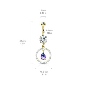 CZ Paved Circle with Green and Blue Two Tone CZ Dangle Double Jeweled 316L Surgical Steel Belly Button Navel Ring