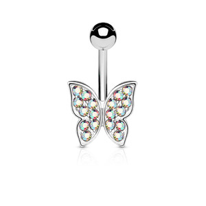 Crystal Paved Butterfly 316L Surgical Steel Belly Button Navel Ring