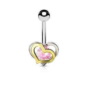 Gold and Steel Two-Tone Double Heart with CZ 316L Surgical Steel Belly Button Navel Ring