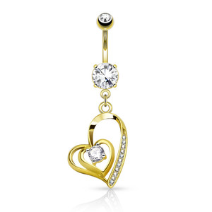 CZ Centered Double Heart with Micro Pave CZ Dangle 316L Surgical Steel Belly Button Navel Ring